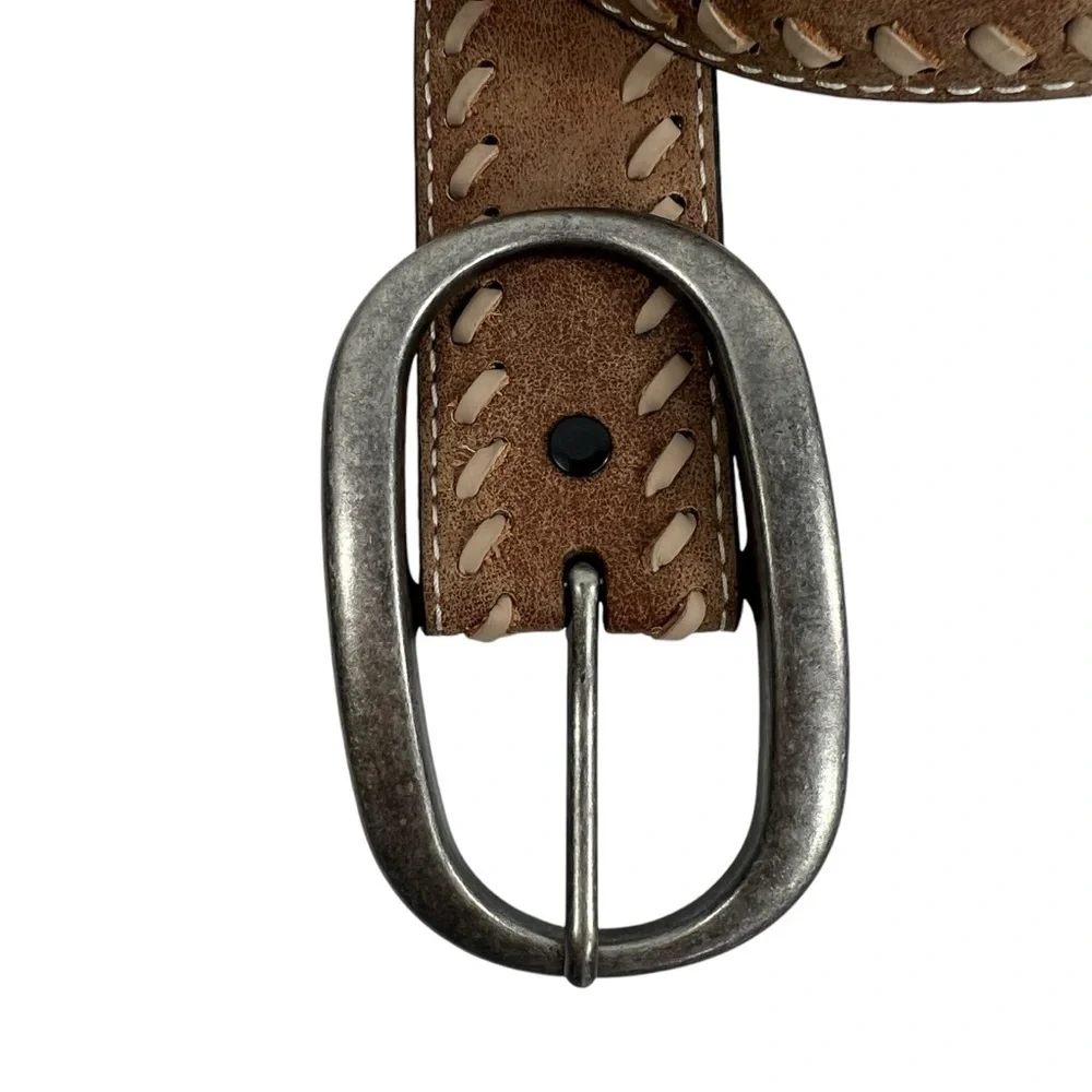Leather Western Style Belt with woven stitch edging detail Silver Hardware small